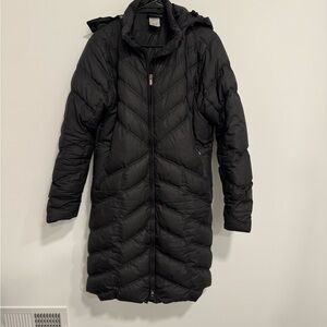 Patagonia Down Feather Parka Long Women's Black Quilted Coat Jacket w/ Hood Sz L